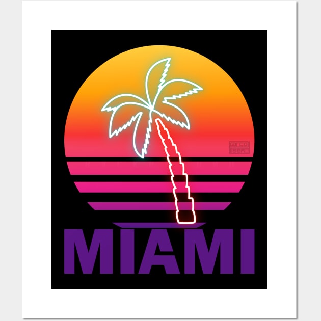 Fake Neon Summer Sunset Beach Palm Tree Proud Miami Wall Art by porcodiseno